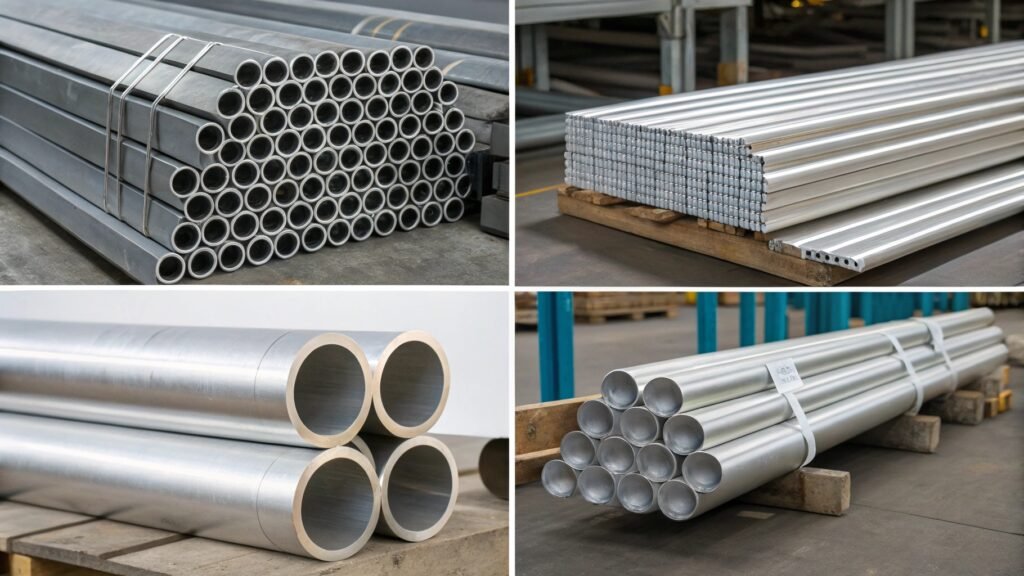 A design engineer's desk showing blueprints for different parts, with callouts pointing to 7075 for an aerospace bracket, 6061 for an industrial flange, and 5083 for a marine fitting.